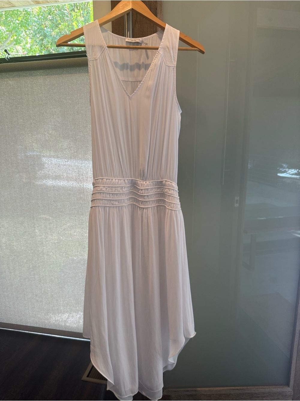 Ramy Brook White Sleeveless V-Neck Midi Dress with Smocked Waist